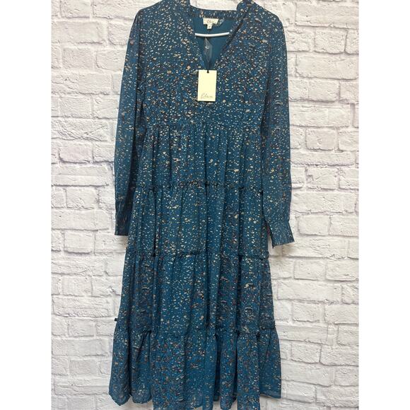 Elan Turquoise Splatter Long Sleeve Maxi Dress NWT Fully Lined MED Elastic Waist - Picture 1 of 4